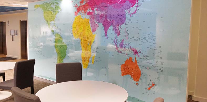 world map printed whiteboard at UNICEF sydney city office